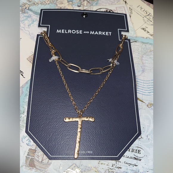 Melrose and Market Jewelry - Melrose and Market layered necklace with a hammered gold-tone 'T'initial pendant